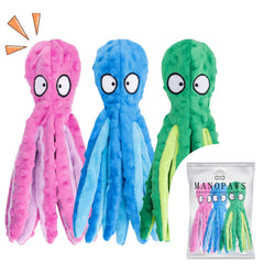 MANOPAWS 3-pack octopus dog toys in color mix for interactive play and durability.
