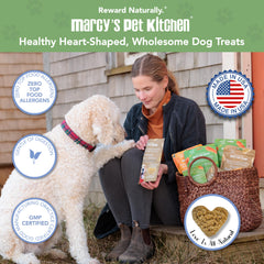 Marcy's Pet Kitchen heart-shaped treats closeup showing crunchy texture for happy chewing