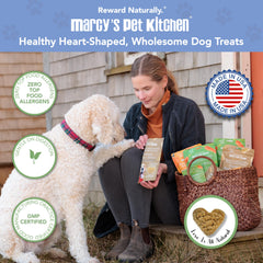 Marcy's Pet Kitchen peanut butter dog treat close-up, protein-rich flavor.