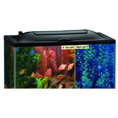 MarineLand LED light hood offers blue night light mode for evening aquarium observation.