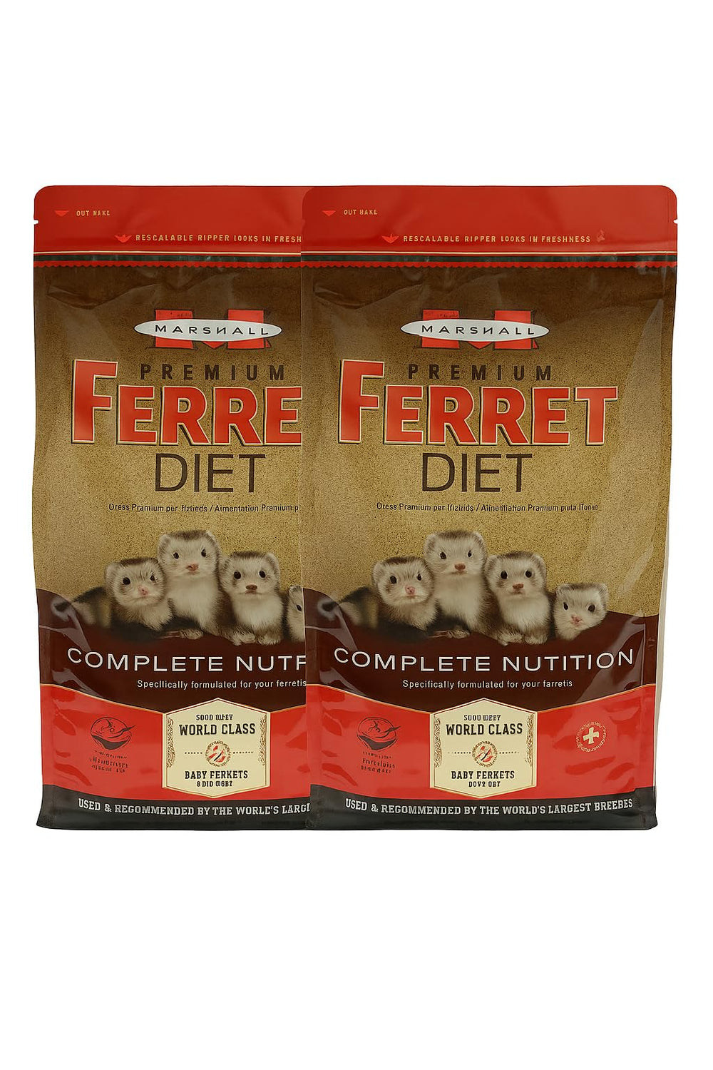 Marshall Premium Ferret Diet Food 4lb bag packaging, convenient two-pack option for households.