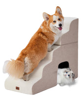 MASSFU beige curved dog stairs placed at bed edge for easy access