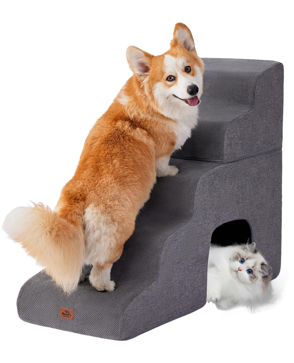 MASSFU gray curved five-step dog stairs beside a high bed for easy access.