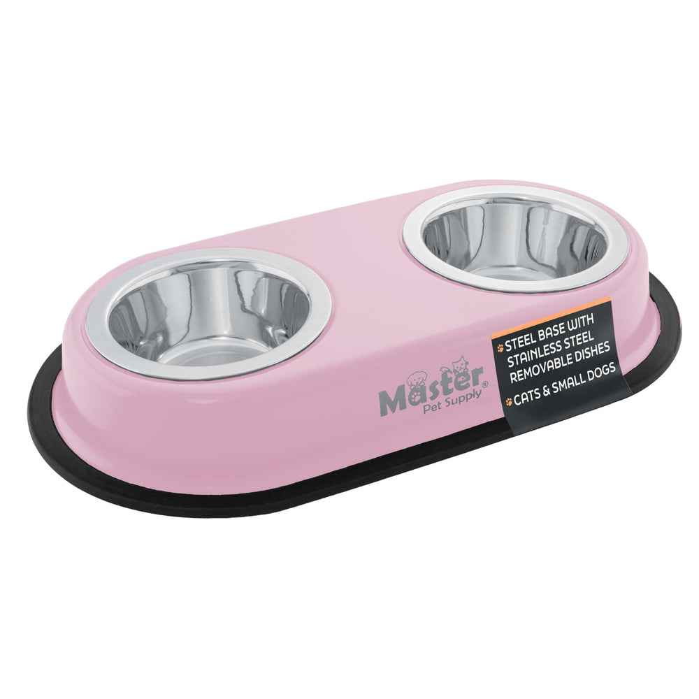 Master Pet Supply double dog bowls with rose quartz base for convenient at-home meals.