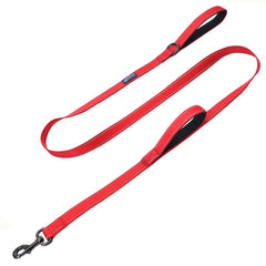 Max and Neo double-handle traffic leash with reflective stitching for safer night walks.