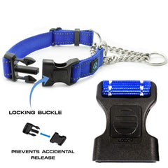 Max and Neo stainless steel chain martingale collar close-up showing reliable closure.