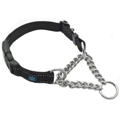 Max and Neo stainless steel chain martingale collar closeup showing durable hardware for daily walking
