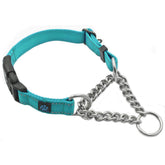 Max and Neo stainless steel martingale collar in teal, small size, viewed from the side for daily wear.