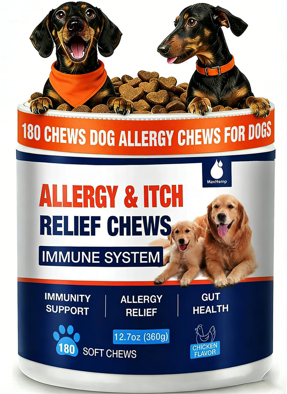 MaxHemp 180 Chews packaging signals a natural dog allergy relief option.