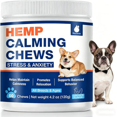 MaxHemp dog calming chews bottle packaging showing quick stress relief.