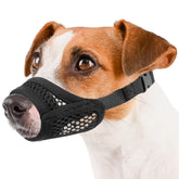 Mayerzon mesh muzzle for short-nosed dogs with breathable front opening for comfort.