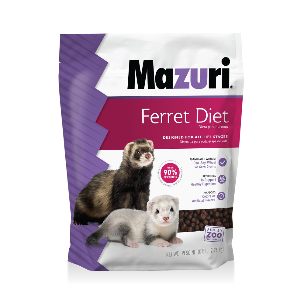 Mazuri Ferret Diet bag front shows high-protein formula for energy.