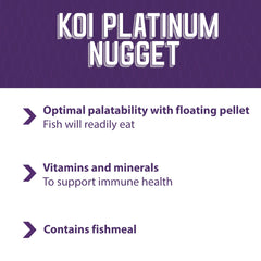 Mazuri Koi Platinum Nuggets ingredients; omega-3 and vitamin C support koi health.