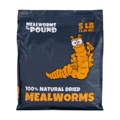 MBTP bulk dried mealworms packaging shows all-natural ingredients for poultry.