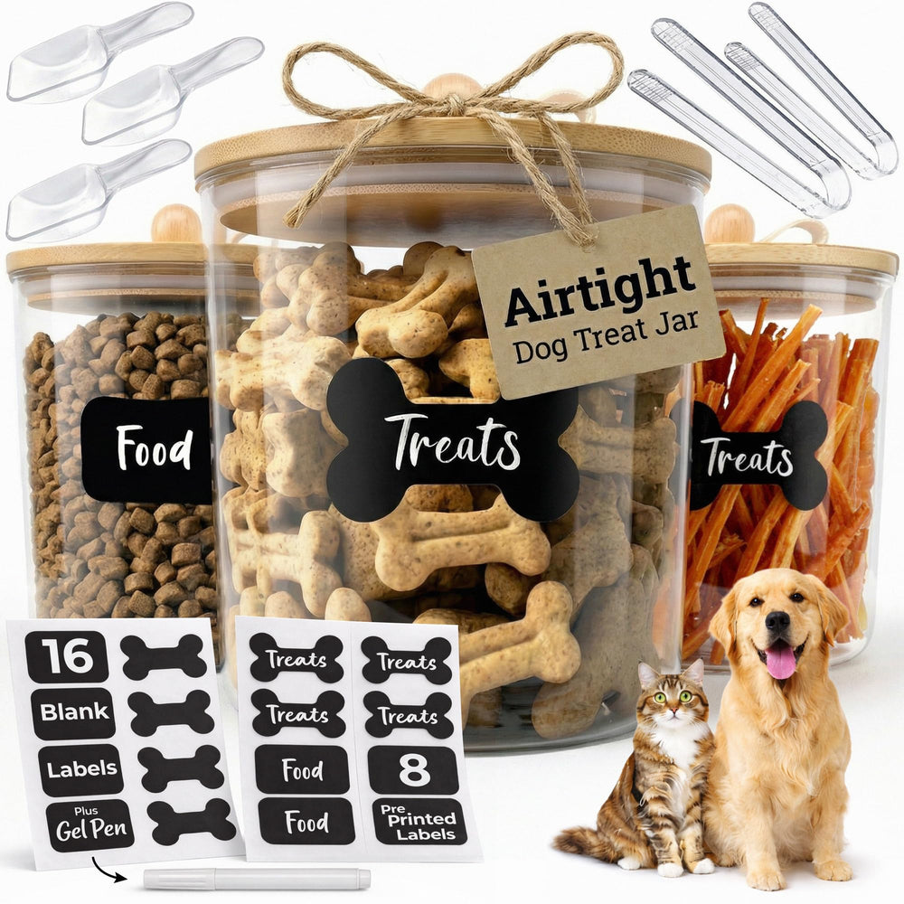 Me and Furry clear acrylic treat containers for quick pet food level checks.
