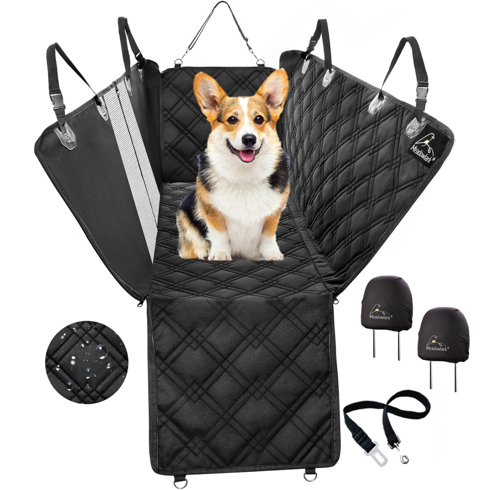 Meadowlark dog seat cover with mesh window for airflow and visibility.