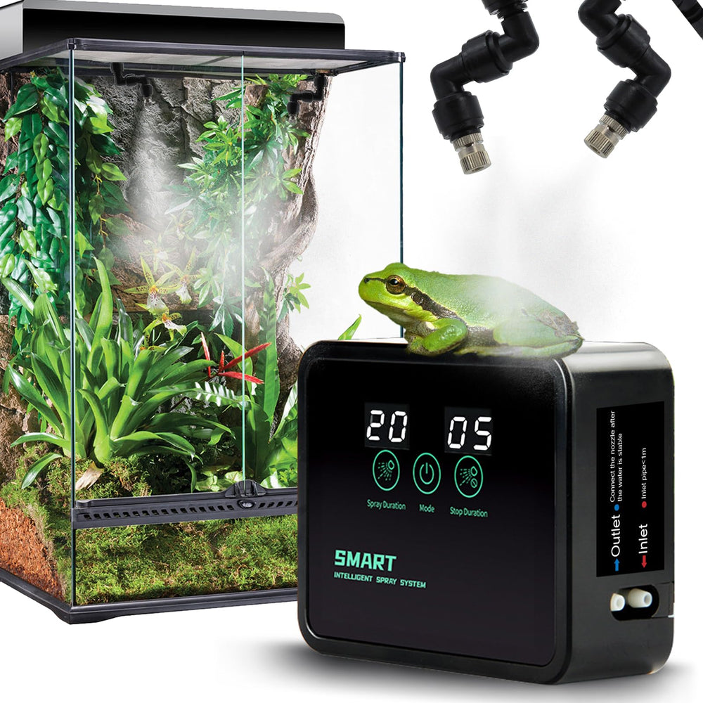 MECESOR Automatic Reptile Mister with 360° nozzles for even terrarium humidity.