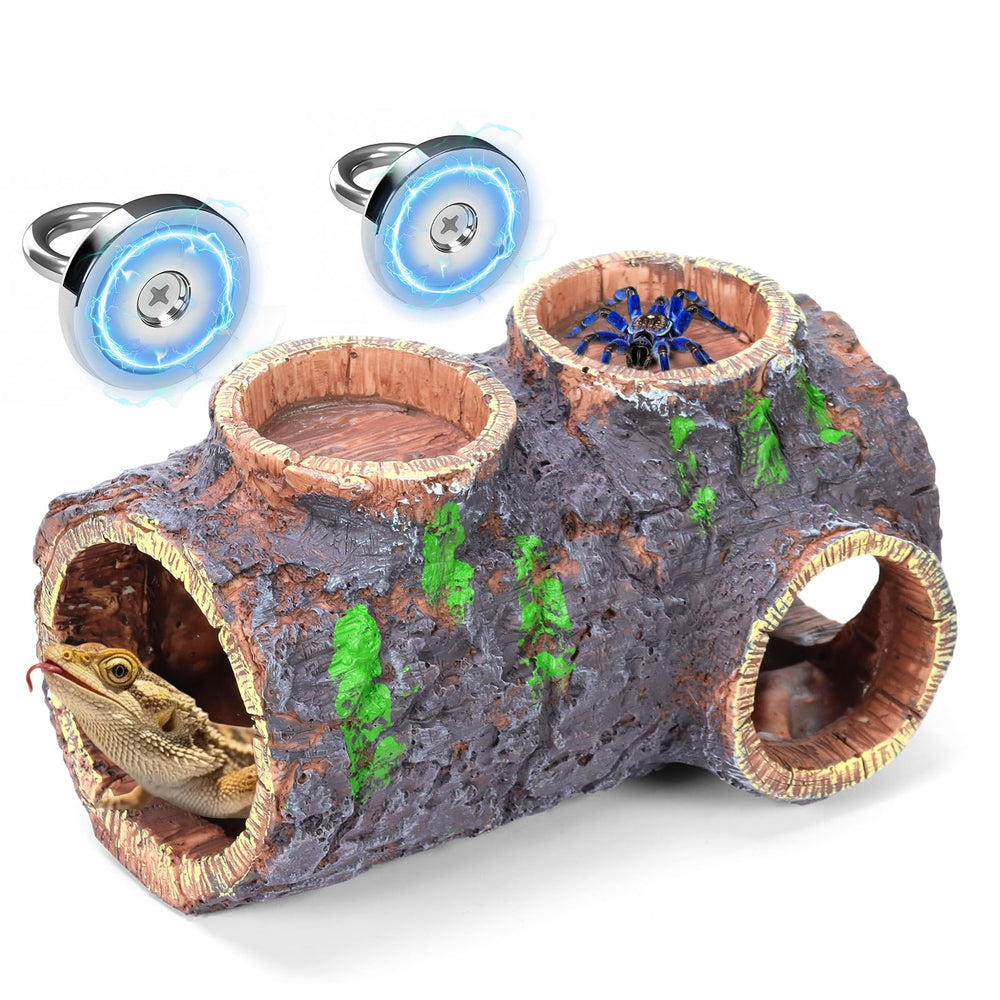 MECESOR magnetic reptile hide cave with waterer and feeder for space-saving terrariums