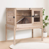 MEDEHOO guinea pig cage front view with wooden stand showing sturdy structure.