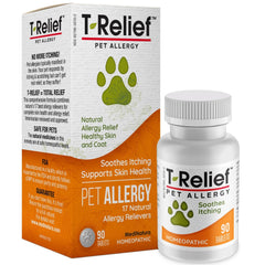 MediNatura T-Relief bottle packshot highlights a natural allergy support option for pets.