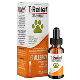 MediNatura T-Relief drops bottle close-up showing natural itch relief for dogs and cats.