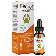 MediNatura T-Relief drops bottle close-up showing natural itch relief for dogs and cats.