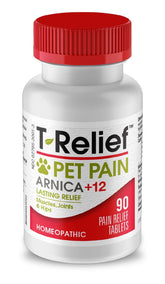 MediNatura T-Relief pet tablets close-up showing natural pain support for dogs and cats.