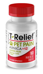 MediNatura T-Relief pet tablets close-up showing natural pain support for dogs and cats.