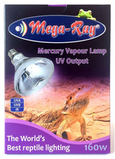 Mega-Ray Mercury Vapor UV bulb over reptile basking spot for UV exposure