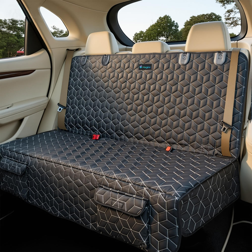 Meginc back-seat dog car seat cover with 54-inch width protects upholstery from dirt and hair.