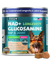 MEGPETS NUTRITION NAD+ soft chews bottle close-up highlighting joint support.