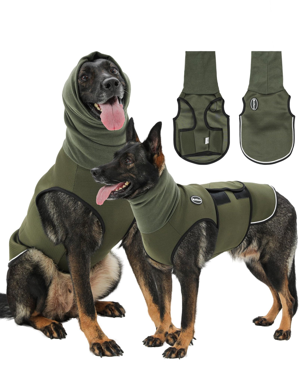 Meifsou dog anxiety vest with hood in army green close-up for calming support.