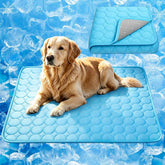 MeiLiMiYu Arc-Chill cooling mat for dogs on blue fabric provides quick cooling for pets.