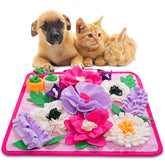 Meilzer Snuffle Mat closeup with colorful flowers stimulating foraging and slow feeding
