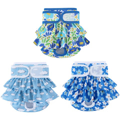 Mengelina washable dog diaper worn by a female dog for leak protection during house training.