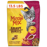 Meow Mix Gravy Bursts bag front shows 13.5 lb size for easy feeding