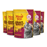 Meow Mix Gravy Bursts chicken treats in a five-pack, crunchy exterior with creamy gravy core for cats.