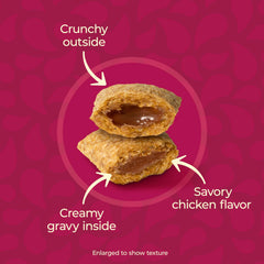 Meow Mix Gravy Bursts crunchy exterior with gravy inside, a tasty texture for adult cats.
