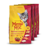 Meow Mix Hairball Control dry cat food front label four-pack for hairball management