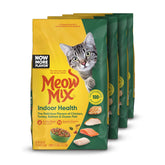 Meow Mix Indoor Health dry cat food bag front showing four-pack for adult indoor cats