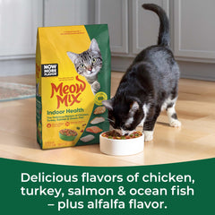 Meow Mix Indoor Health serving bowl with kibble supports a mindful meal plan