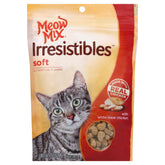 Meow Mix Irresistibles soft chicken treat pouch shows resealable packaging for freshness.