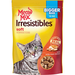 Meow Mix Irresistibles 12oz pouches keep freshness with a convenient resealable closure.