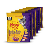 Meow Mix Original Choice dry cat food bags showing six-pack, convenient adult cat nutrition.