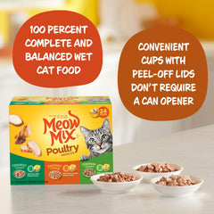 Meow Mix Poultry Entrée cup close-up showing juicy texture