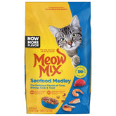 Meow Mix Seafood Medley bag front, convenient daily meals.