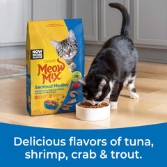Meow Mix Seafood Medley served in a bowl to tempt picky eaters.