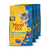 Meow Mix Seafood Medley dry cat food bags, four 3.15-lb packs, simplify weekly feeding.