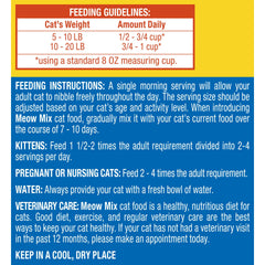 Meow Mix Seafood Medley unopened bag, convenient storage for daily feeding routine.