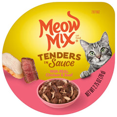 Meow Mix Tenders in Sauce chicken liver cup emphasizing balanced nutrition for cats.